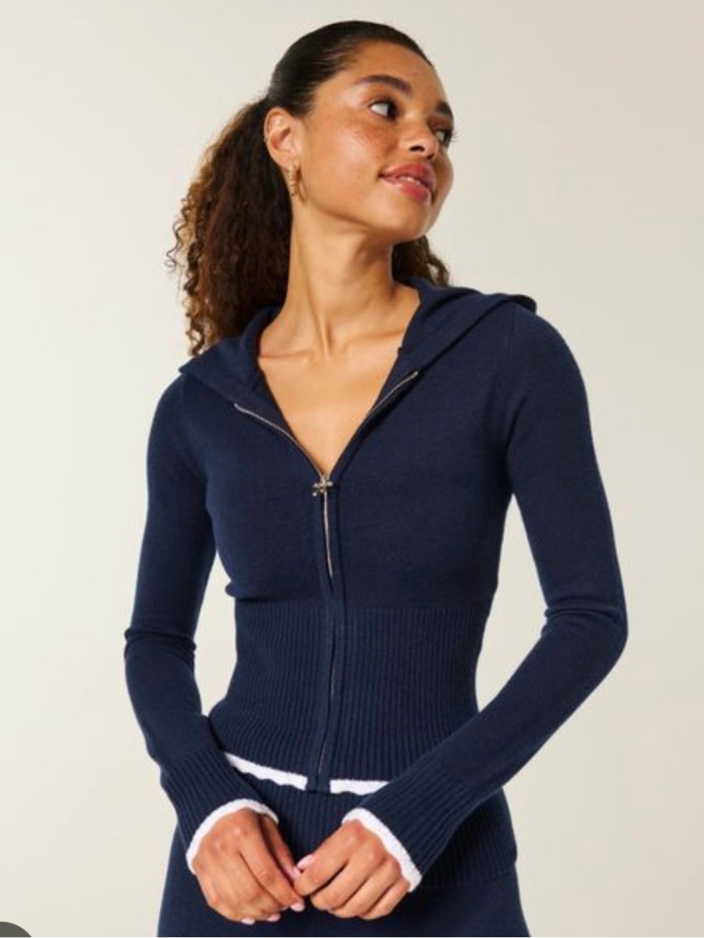 Hollister Navy Zip-Up Hooded Ribbed Knit Top